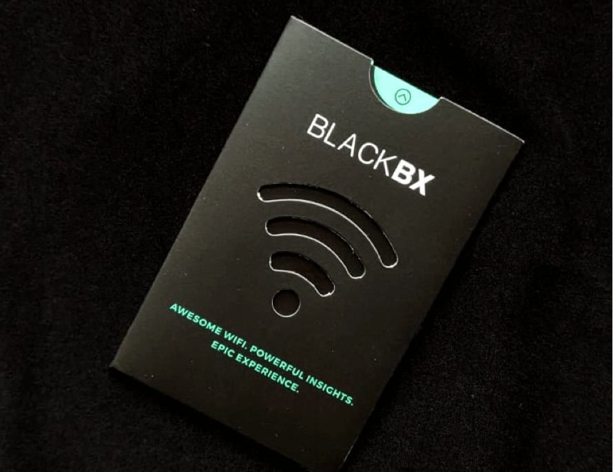 A BlackBX advertising card in its custom laser cut sleeve.