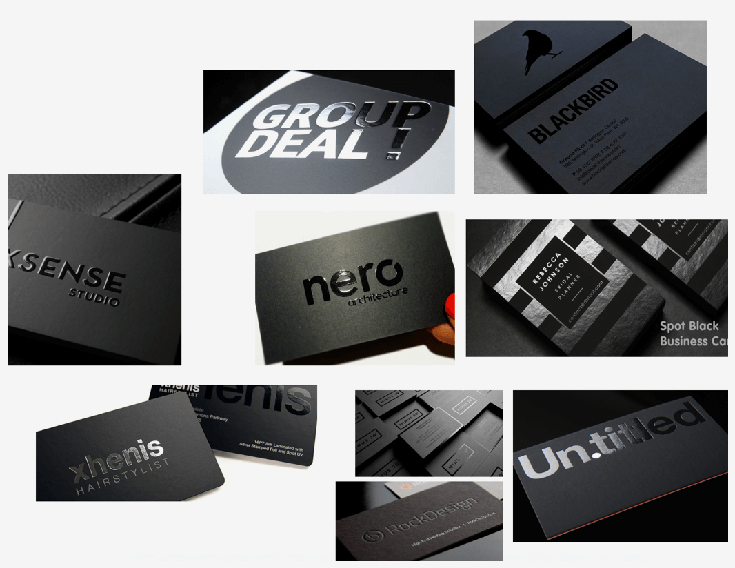 A montage of various examples of modern corporate designs with a black 
    or dark palette.